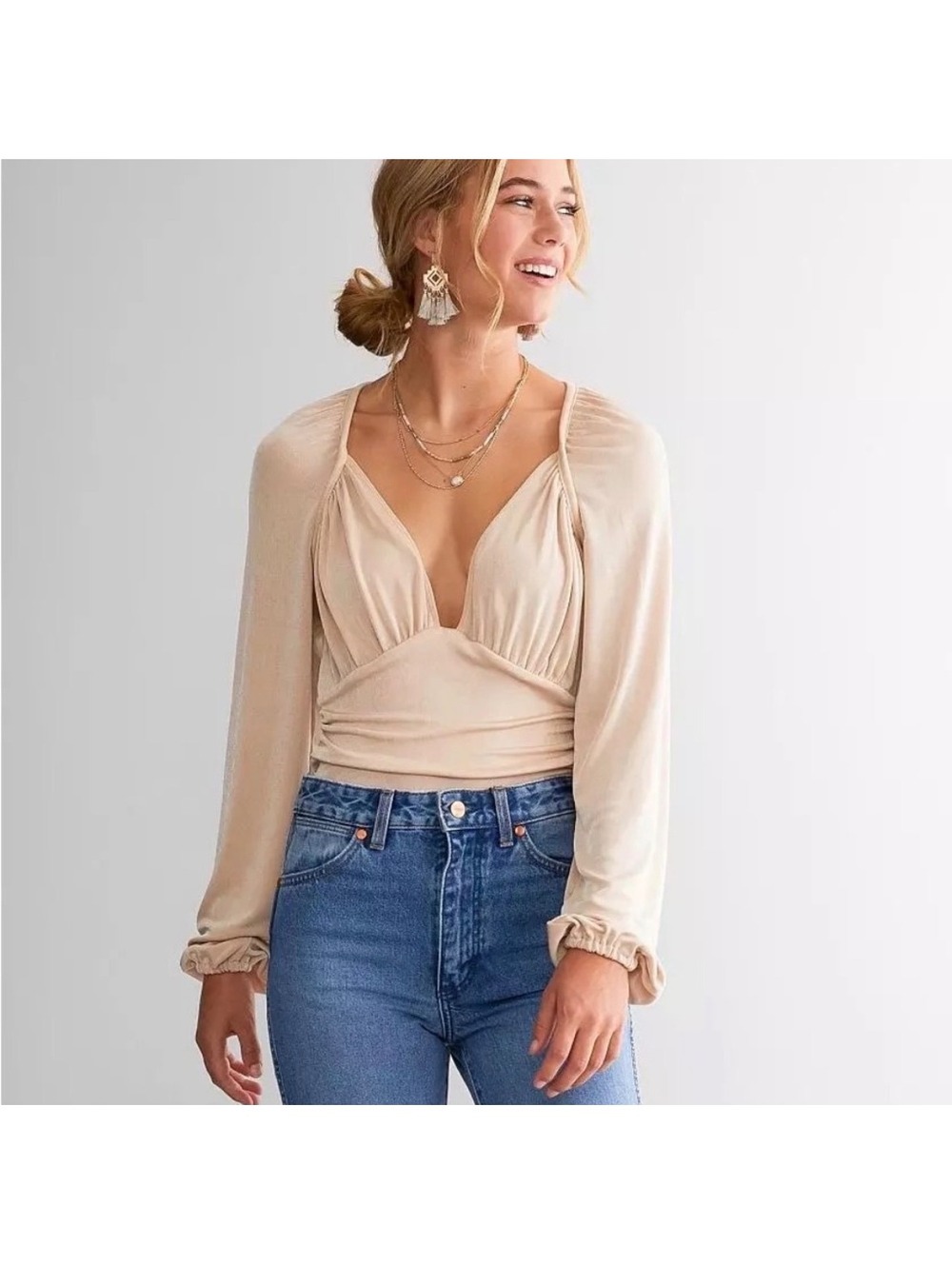 Free People Blossom Pearl Beige Long Sleeve Bodysuit Romper Size S